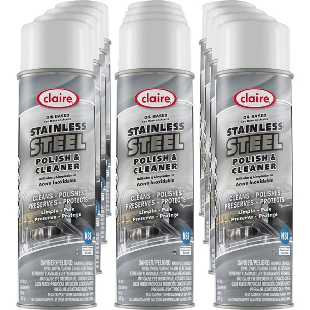 Claire Stainless Steel Polish and Cleaner - 15 fl oz (0.5 quart) - Lemon ScentCan - 12 / Pack - Clear