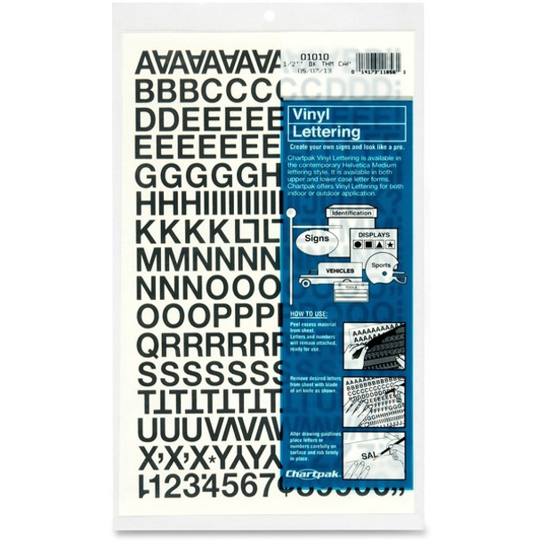 Chartpak Vinyl Helvetica Style Letters/Numbers - 12 x Numbers, 167 x Capital Letters Shape - Self-adhesive - Helvetica Style - Easy to Use - 0.50" Height - Black - Vinyl - 201 / Pack