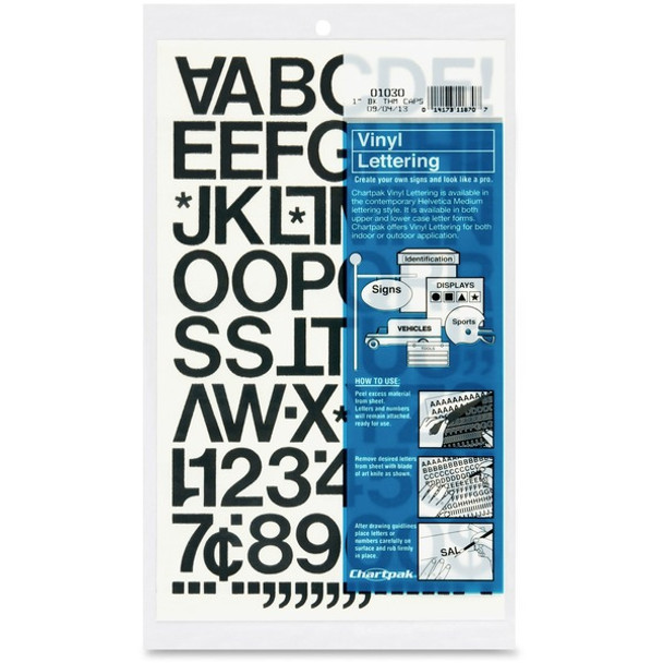 Chartpak Vinyl Helvetica Style Letters/Numbers - 12 x Numbers, 76 x Capital Letters Shape - Self-adhesive - Helvetica Style - Easy to Use - 1" Height - Black - Vinyl - 88 / Pack