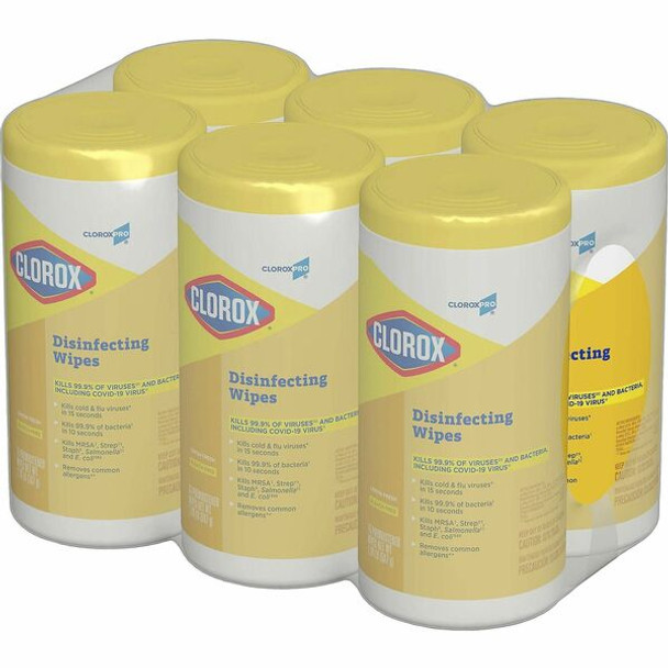 CloroxPro&trade; Disinfecting Wipes - For Multipurpose - Ready-To-Use - Lemon Fresh Scent - 75 / Canister - 6 / Carton - Pleasant Scent, Disinfectant, Pre-moistened, Textured, Streak-free - Yellow