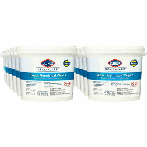 Clorox Healthcare Bleach Germicidal Wipes - Ready-To-Use - 12" Length x 12" Width - 110 / Canister - 50 / Bundle - White