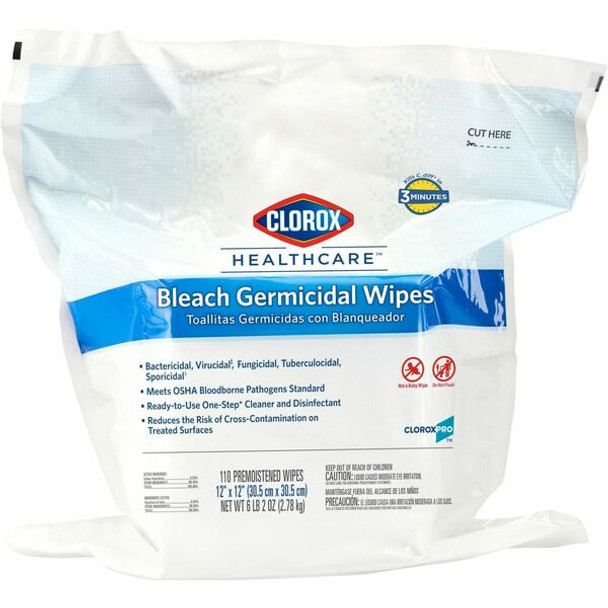 Clorox Healthcare Bleach Germicidal Wipes Refill - For Healthcare - Ready-To-Use - 12" Length x 12" Width - 110 / Pack - 1 Each - Disinfectant, Anti-bacterial - White