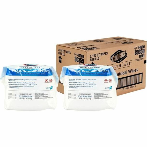 Clorox Healthcare Bleach Germicidal Wipes Refill - For Healthcare - Ready-To-Use - 12" Length x 12" Width - 110 / Pack - 2 / Carton - Disinfectant, Anti-bacterial - White