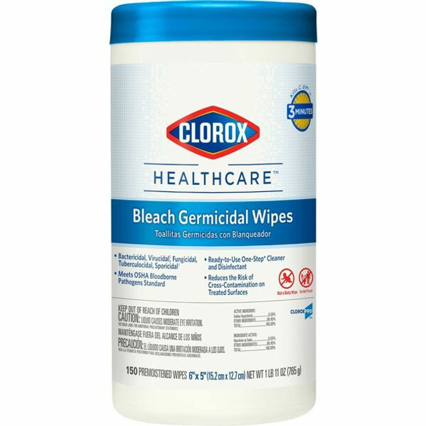 Clorox Healthcare Bleach Germicidal Wipes - For Multipurpose - Ready-To-Use - 5" Length x 6" Width - 150 / Canister - 1 Each - Disinfectant, Non-irritating, Anti-bacterial, Odorless - White