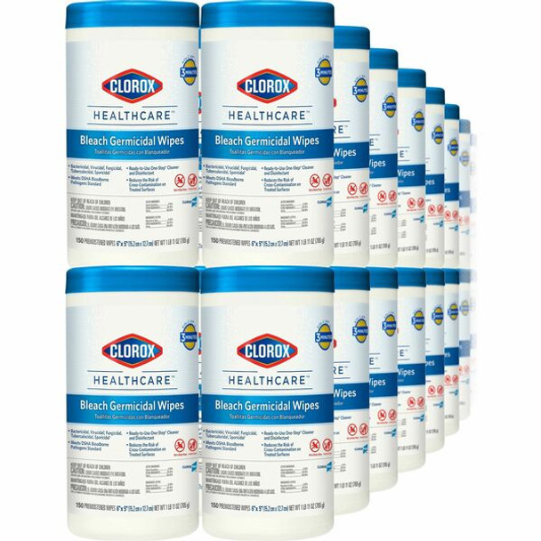 Clorox Healthcare Bleach Germicidal Wipes - Ready-To-Use - 5" Length x 6" Width - 150 / Canister - 150 / Bundle - White