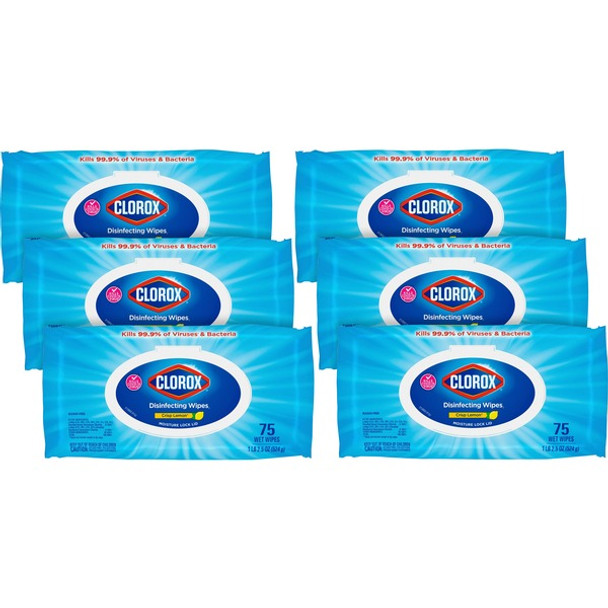 Clorox Bleach-free Disinfecting Cleaning Wipes - Crisp Lemon Scent - 75 / Packet - 6 / Carton - White