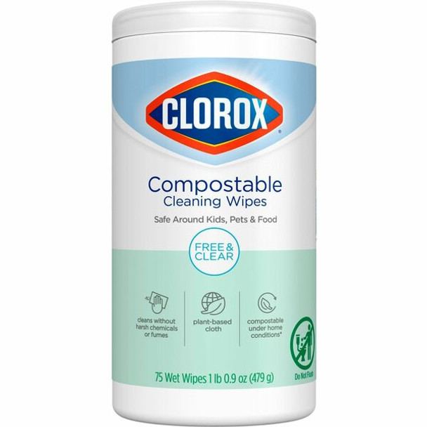 Clorox Free & Clear Compostable All Purpose Cleaning Wipes - 4.25" Length x 4.25" Width - 75.0 / Tub - 1 Each - White