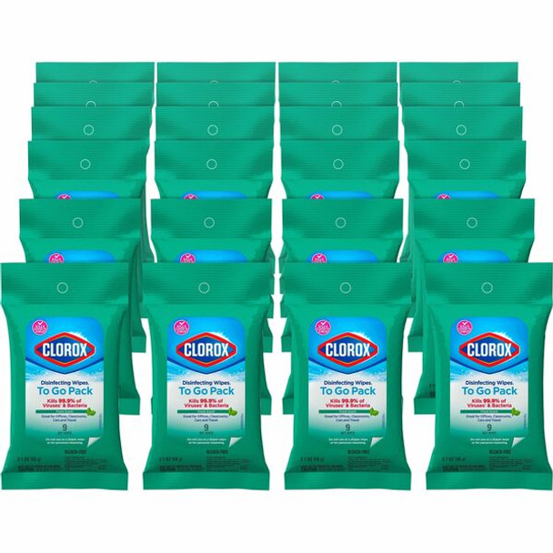 Clorox On The Go Bleach-Free Disinfecting Wipes - Ready-To-Use Wipe - Fresh Scent - 9 / Pack - 24 / Carton - White