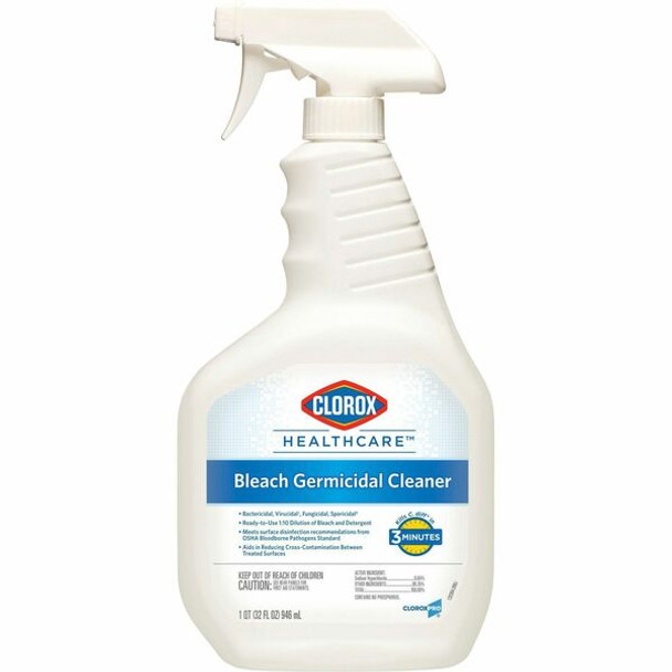 Clorox Healthcare Bleach Germicidal Cleaner - For Multipurpose - Ready-To-Use - 32 fl oz (1 quart)Bottle - 1 Each - White, Clear