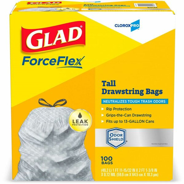 CloroxPro&trade; ForceFlex Tall Kitchen Drawstring Trash Bags - 13 gal Capacity - 0.90 mil (23 Micron) Thickness - Drawstring Closure - Gray - 78/Carton - 100 Per Box - Kitchen, Can, Office, Breakroom, School, Restaurant, Commercial, Cafeteria