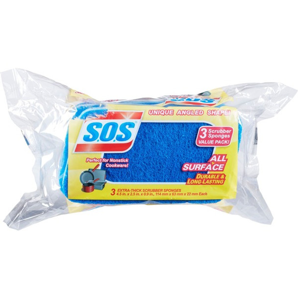 S.O.S All Surface Scrubber Sponge - 5.3" Height x 3" Width x 0.9" Depth - 3/Pack - Cellulose - Blue