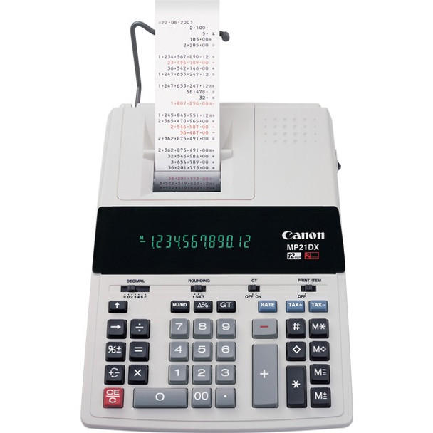 Canon MP21DX Color Printing Calculator - Heavy Duty, Paper Holder, Easy-to-read Display, Round Down, Round Off, Round Up, Sign Change, Item Count, 4-Key Memory, Decimal Point Selector Switch - AC Supply Powered - 3.7" x 9" x 12.2" - White - 1 Each