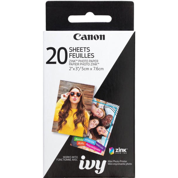 Canon ZINK Photo Paper - 2" x 3" - Glossy - 1 Each - 20 Sheets - Smudge-free, Water Resistant, Tear Resistant - White