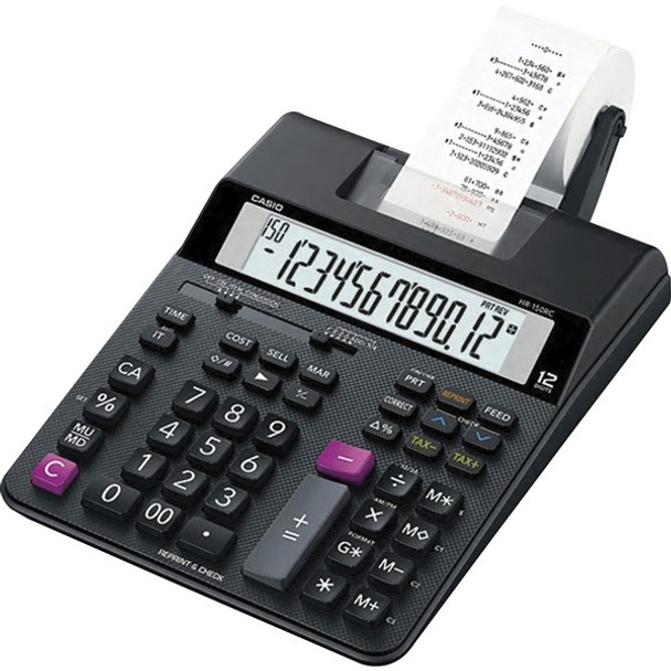 Casio HR-200RC Printing Calculator - Two-color Printing, Large Display, Dual Power - 12 Digits - 2.3" x 7.8" x 10.8" - Black - 1 Each