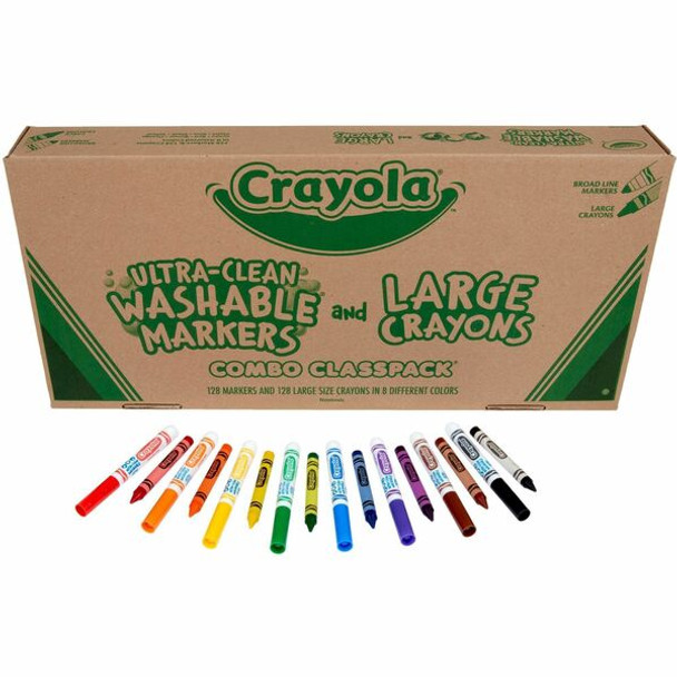 Crayola 8-Color Combo Large Crayon/Washable Marker Classpack - Red, Yellow, Green, Blue, Orange, Violet, Brown, Black Ink - Red, Yellow, Green, Blue, Orange, Violet, Brown, Black Wax - Non-toxic, Washable - 256 / Box