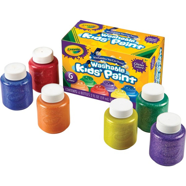 Crayola 6-color Glitter Washable Kids Paint - 2 oz - 6 / Set - Red, Yellow, Blue, Green, Purple, Orange