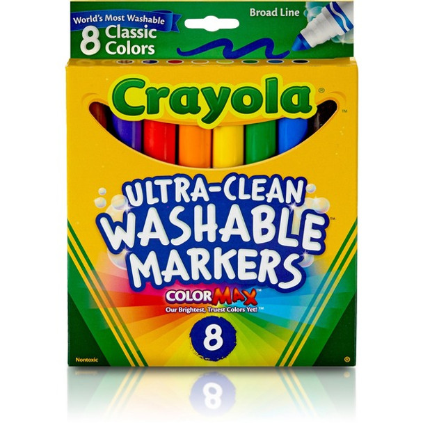 Crayola Classic Washable Marker Set - Broad Marker Point - Conical Marker Point Style - Red, Orange, Yellow, Green, Blue, Violet, Brown, Black Water Based Ink - 8 / Set