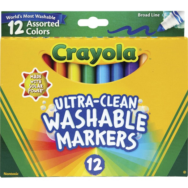 Crayola Classic Washable Markers - Broad Marker Point - Conical Marker Point Style - Assorted, Orange, Yellow, Green, Blue, Violet, Brown, Black, Gray, Flamingo Pink, Blue, ... Water Based Ink - 12 / Set