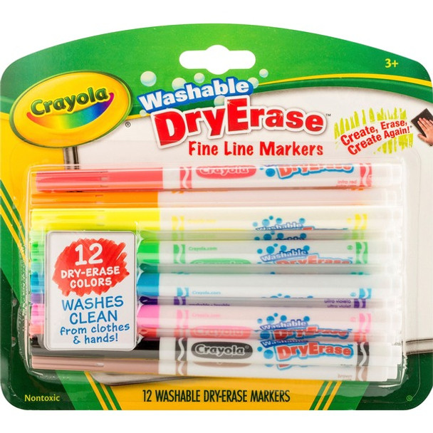 Crayola Washable Dry Erase Fine Line Markers - Fine Marker Point - Bullet Marker Point Style - Assorted - 12 / Set
