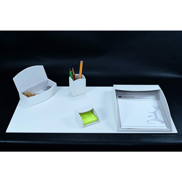 Dacasso 5-piece Home/Office Leather Desk Accessory Set - Velveteen, PU Leather - White - 1 Each