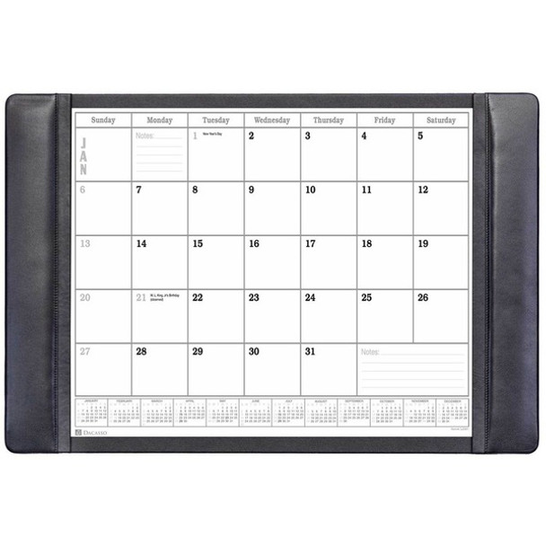 Dacasso Leather Calendar Desk Pad - Rectangular - 12 Sheets - Top Grain Leather, Leatherette, Velveteen - Black
