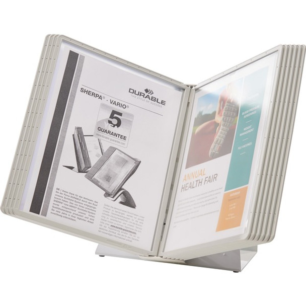 DURABLE&reg; VARIO&reg; Antimicrobial Desktop Reference Display System - Desktop - 10 Double Sided Panels - Letter Size - Antimicrobial Polypropylene Sleeves - Anti-Reflective/Non-Glare - Gray