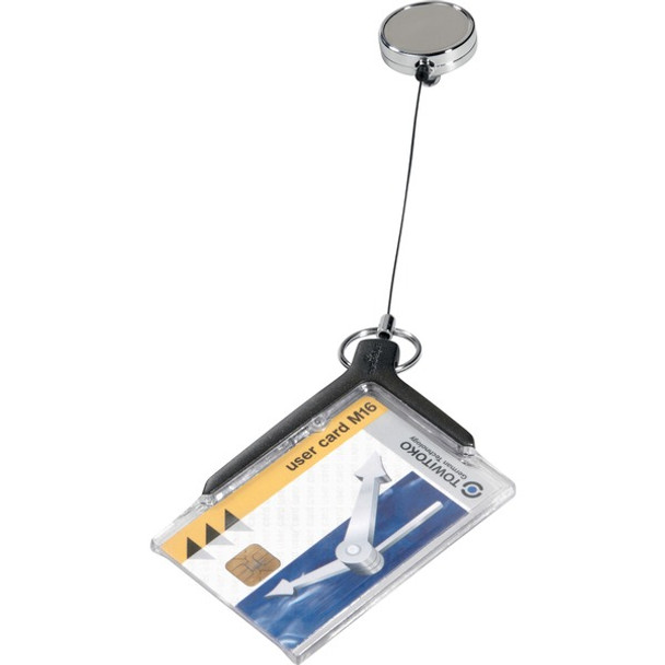 DURABLE&reg; ID Badge Deluxe Holder Retracting Reel - 32" Reach - 2-1/10" x 3-1/4" - Acrylic - Transparent - 10 / Box