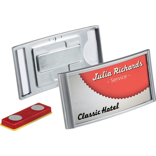 DURABLE&reg; Classic Magnetic Name Badge - 1-1/8" x 2-1/2" - Plastic - Silver - 10 / Box