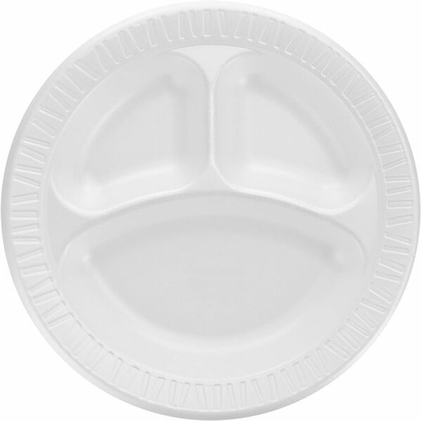 Dart Quiet Classic 10-1/4" Laminated Foam 3-Compartment Plates - 125 / Pack - Breakroom, Serving - White - Foam, Polystyrene Body - 4 / Carton