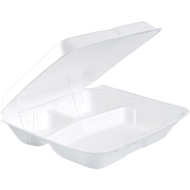Dart Insulated Foam 3-compartment Containers - External Dimensions: 8" Length x 7.5" Width x 2.3" Height - Stackable - Extruded Polystyrene - White - For Transportation, Food Storage - 200 / Carton