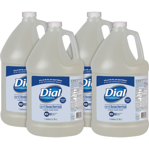 Dial Sensitive Skin Antibacterial Liquid Hand Soap Refill - 1 gal (3.8 L) - Kill Germs, Bacteria Remover, Yeast Remover, Mold Remover - Skin, Hand - Clear - 4 / Carton