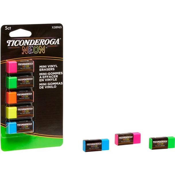 Ticonderoga Mini Erasers - Neon Pink, Neon Green, Neon Orange, Neon Yellow, Neon Blue - Vinyl - 5 / Pack - Latex-free, Soft, Smudge-free, Residue-free, Non-abrasive, Non-tearing, Non-toxic