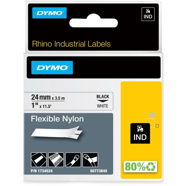 Dymo 1" Flexible Nylon Rhino Label Tape - 15/16" Width x 11 1/2 ft Length - Rectangle - Thermal Transfer - White - Nylon - 1 Each