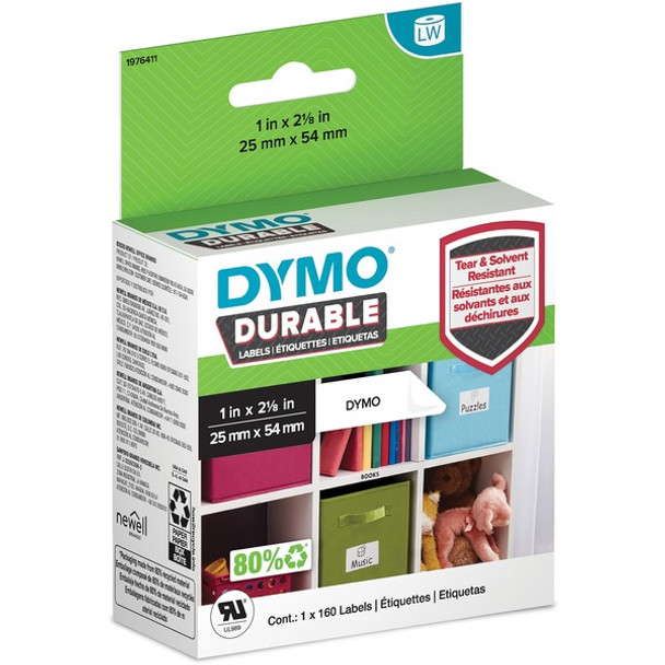 Dymo LabelWriter Labels - 1" Width x 2 1/8" Length - Permanent Adhesive - Thermal Transfer - White - Plastic, Polypropylene - 160 / Roll - 160 Box - Water Resistant