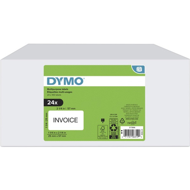 Dymo Multipurpose White Medium Labels - 45/64" Width x 2" Length - White - 1000 / Roll - 24 / Box