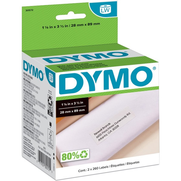 Dymo LabelWriters Continuous Roll Address Labels - 1 1/8" Width x 3 1/2" Length - White - 260 / Roll - 520 / Box