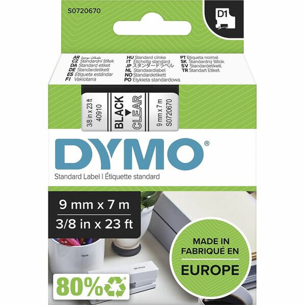 Dymo S0720670 D1 40910 Tape 9mm x 7m Black on Clear - 23/64" Width x 22 31/32 ft Length - Black on Clear - 1 Each - Easy Peel, Durable