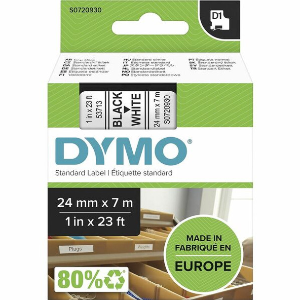 Dymo S0720930 D1 53713 Tape 24mm x 7m Black on White - 15/16" Width x 22 31/32 ft Length - Black on White - 1 Each - Easy Peel, Durable