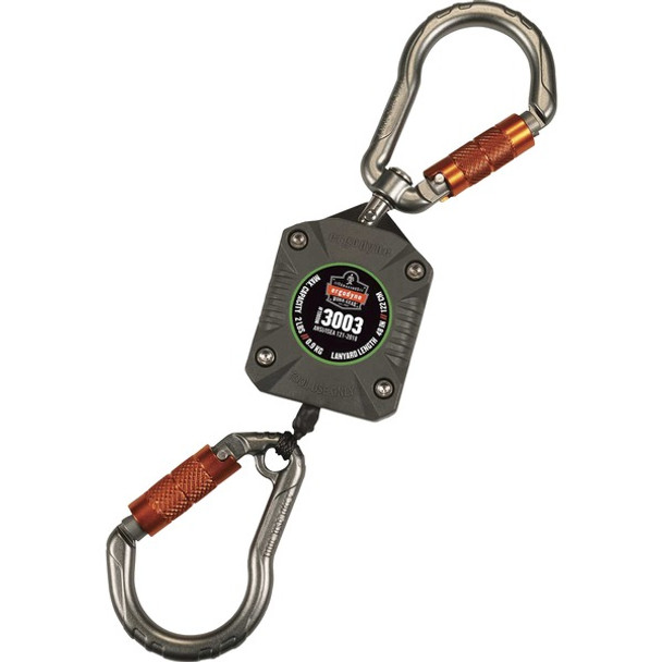 Squids 3003 Retractable Tool Lanyard - Dual Locking Carabiners, 2lbs / 0.9kg - 1 Each - 1.98 lb Load Capacity - Standard - Carabiner Attachment - 1.5" Height x 5" Width x 48" Length - Gray - Nylon, Fiberglass