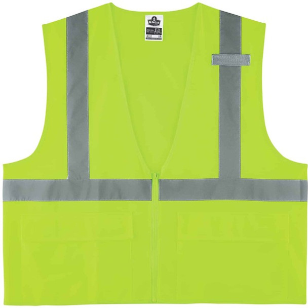 GloWear 8225Z Type R Class 2 Standard Solid Vest - 2-Xtra Large/3-Xtra Large Size - Zipper Closure - Fabric, Polyester - Lime - Pocket, Mic Tab, Reflective - 1 Each