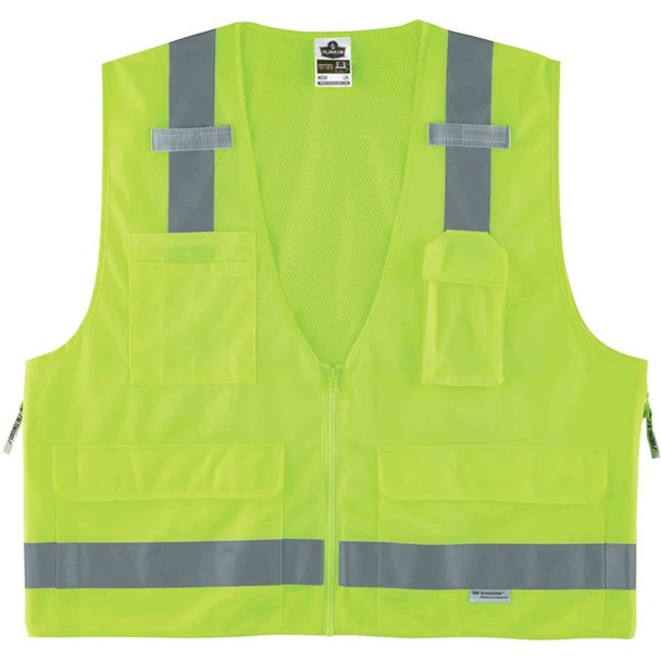 GloWear 8250Z Type R Class 2 Surveyors Vest - Small/Medium Size - Zipper Closure - Poly, Mesh - Lime - Pocket, Mic Tab, Reflective - 1 Each