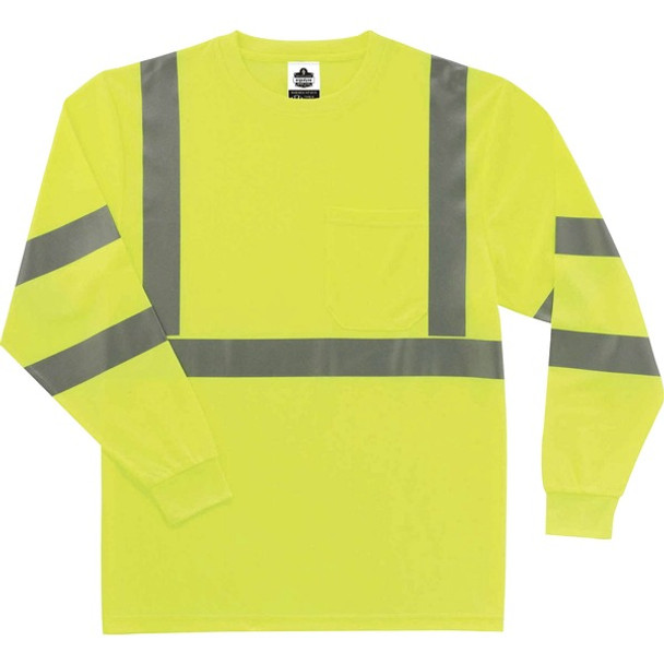 GloWear 8391 Type R Class 3 Long Sleeve T-Shirt - Extra Large Size - Polyester - Lime - Breathable, Moisture Resistant, UV Resistant, Reflective, Heat Resistant, Chest Pocket - 1 Each