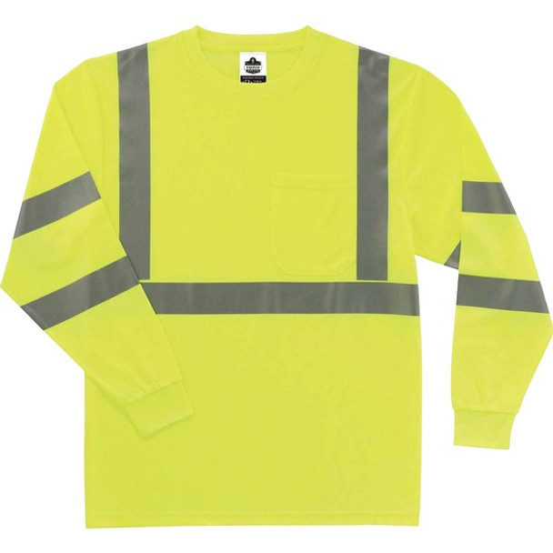 GloWear 8391 Type R Class 3 Long Sleeve T-Shirt - 2-Xtra Large Size - Polyester - Lime - Breathable, Moisture Resistant, UV Resistant, Reflective, Heat Resistant, Chest Pocket - 1 Each