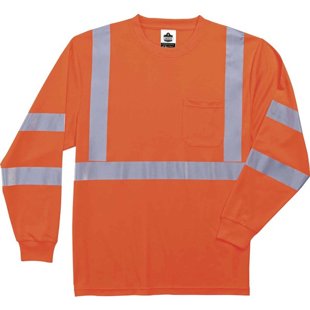 GloWear 8391 Type R Class 3 Long Sleeve T-Shirt - 3-Xtra Large Size - Polyester - Orange - Breathable, Moisture Resistant, UV Resistant, Reflective, Heat Resistant, Chest Pocket - 1 Each