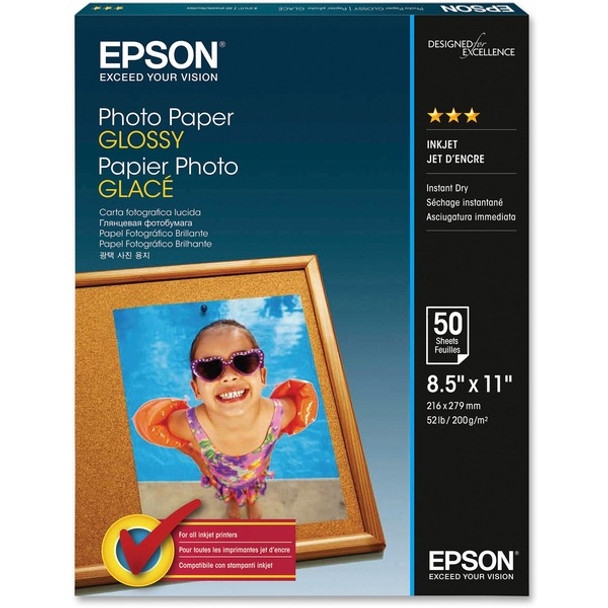 Epson Glossy Finish Photo Paper - 92 Brightness - 96% Opacity - Letter - 8 1/2" x 11" - 52 lb Basis Weight - Glossy - 50 / Pack - White