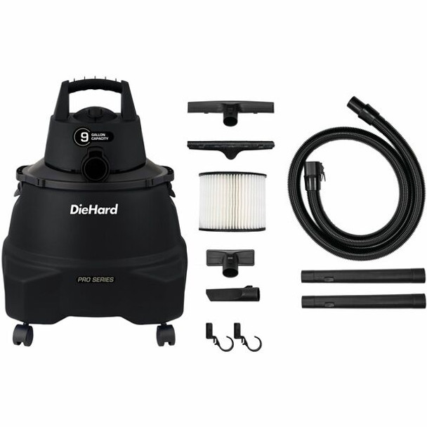 DieHard 9-Gallon 5.5 HP Wet/Dry Vacuum - 4101.35 W Motor - 9 gal - Wand, Filter, Crevice Tool, Pick-up Tool, Floor Tool - Wet Surface, Dry Surface - 10 ft Cable Length - 84" Hose Length - Rich Black