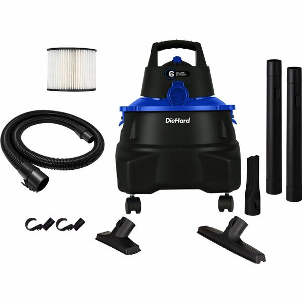 DieHard 6-Gallon 4.5 HP Wet/Dry Vacuum - 3355.65 W Motor - 6 gal - Wand, Filter, Crevice Tool, Pick-up Tool, Floor Tool - Wet Surface, Dry Surface - 10 ft Cable Length - 84" Hose Length - Rich Black