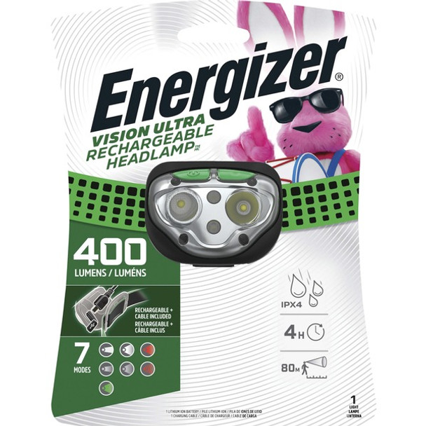 Energizer Vision Ultra HD Rechargeable Headlamp (Includes USB Charging Cable) - LED - 400 lm Lumen - Battery Rechargeable - Battery, USB - Water Resistant, Drop Resistant - Green