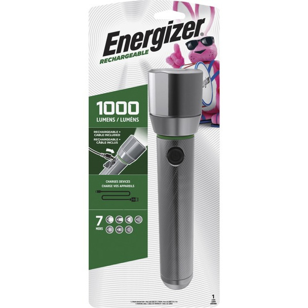 Energizer Vision HD Rechargeable LED Flashlight - LED - 1000 lm Lumen - Battery Rechargeable - Battery, USB - Aluminum Alloy - Drop Resistant, Impact Resistant - Aluminum