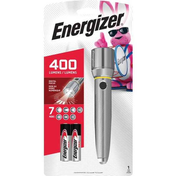 Energizer Vision HD Performance Metal Flashlight with Digital Focus - LED - 400 lm Lumen - 2 x AA - Battery - Metal - Water Resistant - Chrome